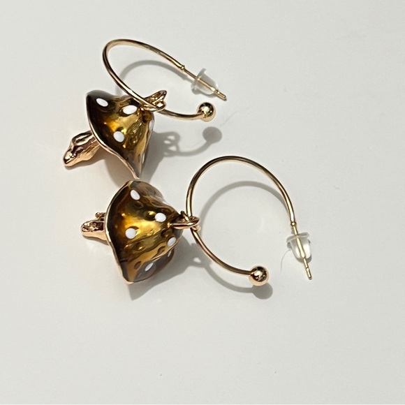 Gold Mushroom Fun Cottagecore metal Hoop Earrings - Picture 1 of 4